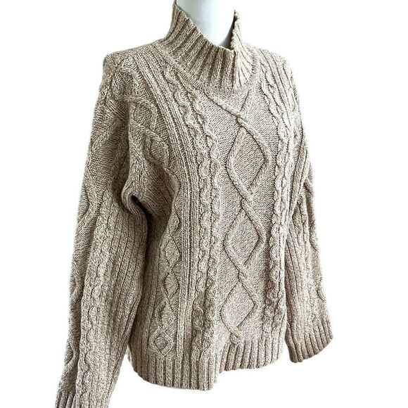 J Crew Y2K Wool Blend Pullover Mock Neck Sweater Fisherman Cable knit chunky - Picture 3 of 10